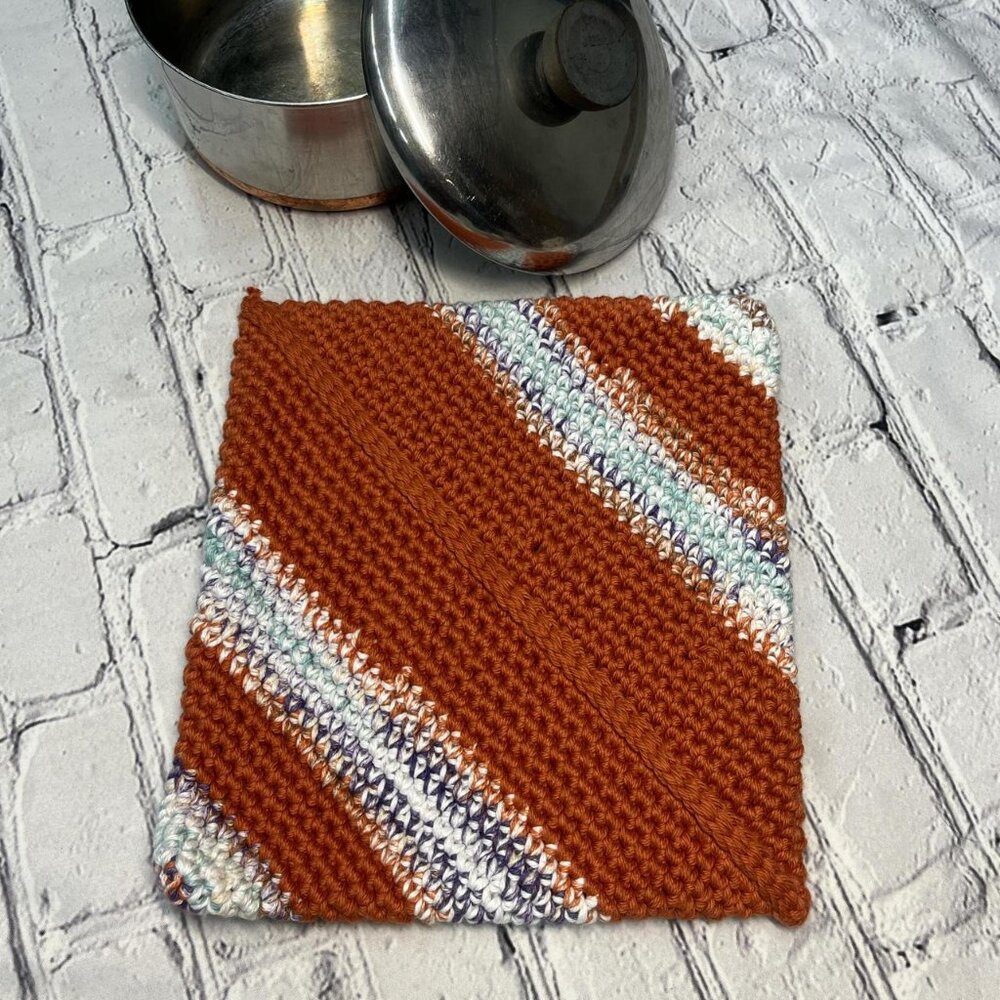 Handmade Cotton Hot Pad/Pot Holder — Burnt Orange with Teal + Purple Accent